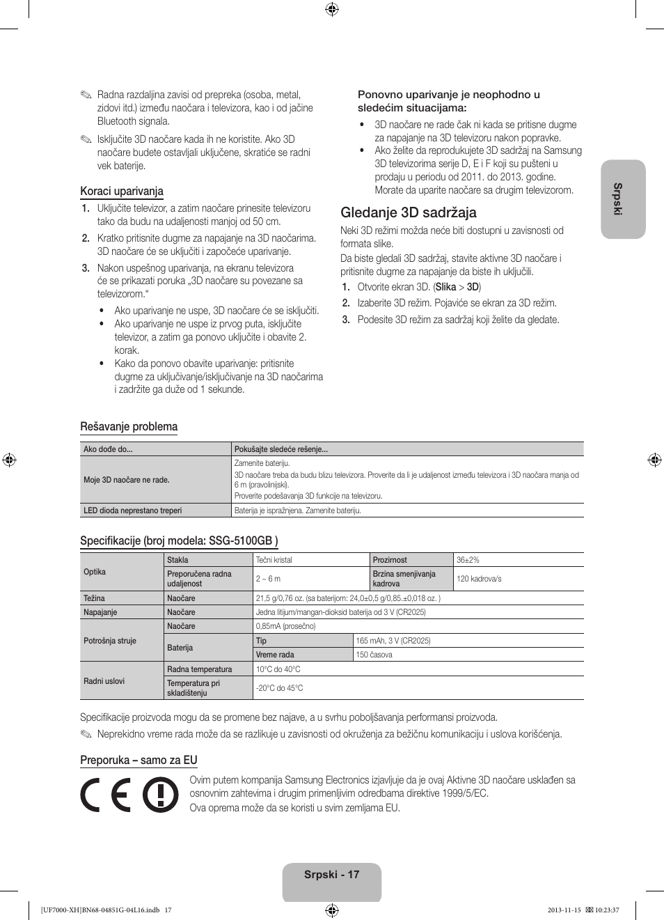 Gledanje 3d sadržaja | Samsung UE40F7000ST User Manual | Page 233 / 385