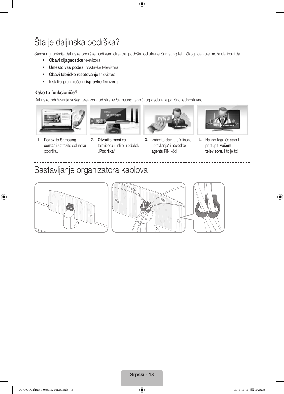 Šta je daljinska podrška, Sastavljanje organizatora kablova | Samsung UE40F7000ST User Manual | Page 234 / 385