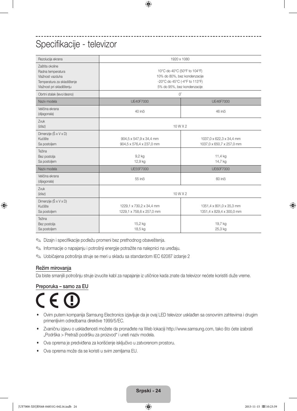Specifikacije - televizor | Samsung UE40F7000ST User Manual | Page 240 / 385