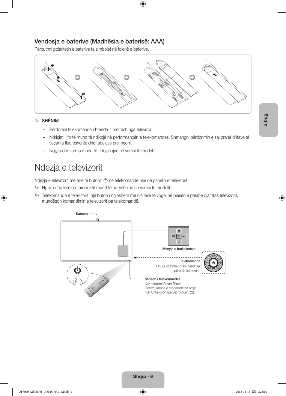 Ndezja e televizorit, Vendosja e baterive (madhësia e baterisë: aaa) | Samsung UE40F7000ST User Manual | Page 249 / 385