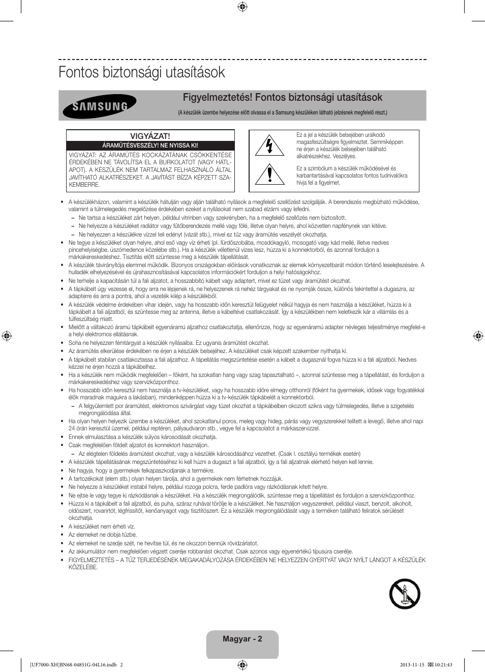 Fontos biztonsági utasítások, Figyelmeztetés! fontos biztonsági utasítások | Samsung UE40F7000ST User Manual | Page 26 / 385