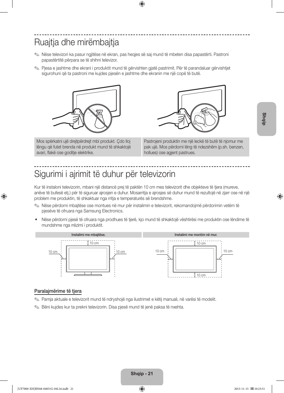 Ruajtja dhe mirëmbajtja, Sigurimi i ajrimit të duhur për televizorin | Samsung UE40F7000ST User Manual | Page 261 / 385