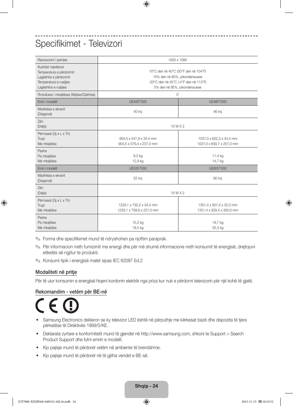 Specifikimet - televizori | Samsung UE40F7000ST User Manual | Page 264 / 385