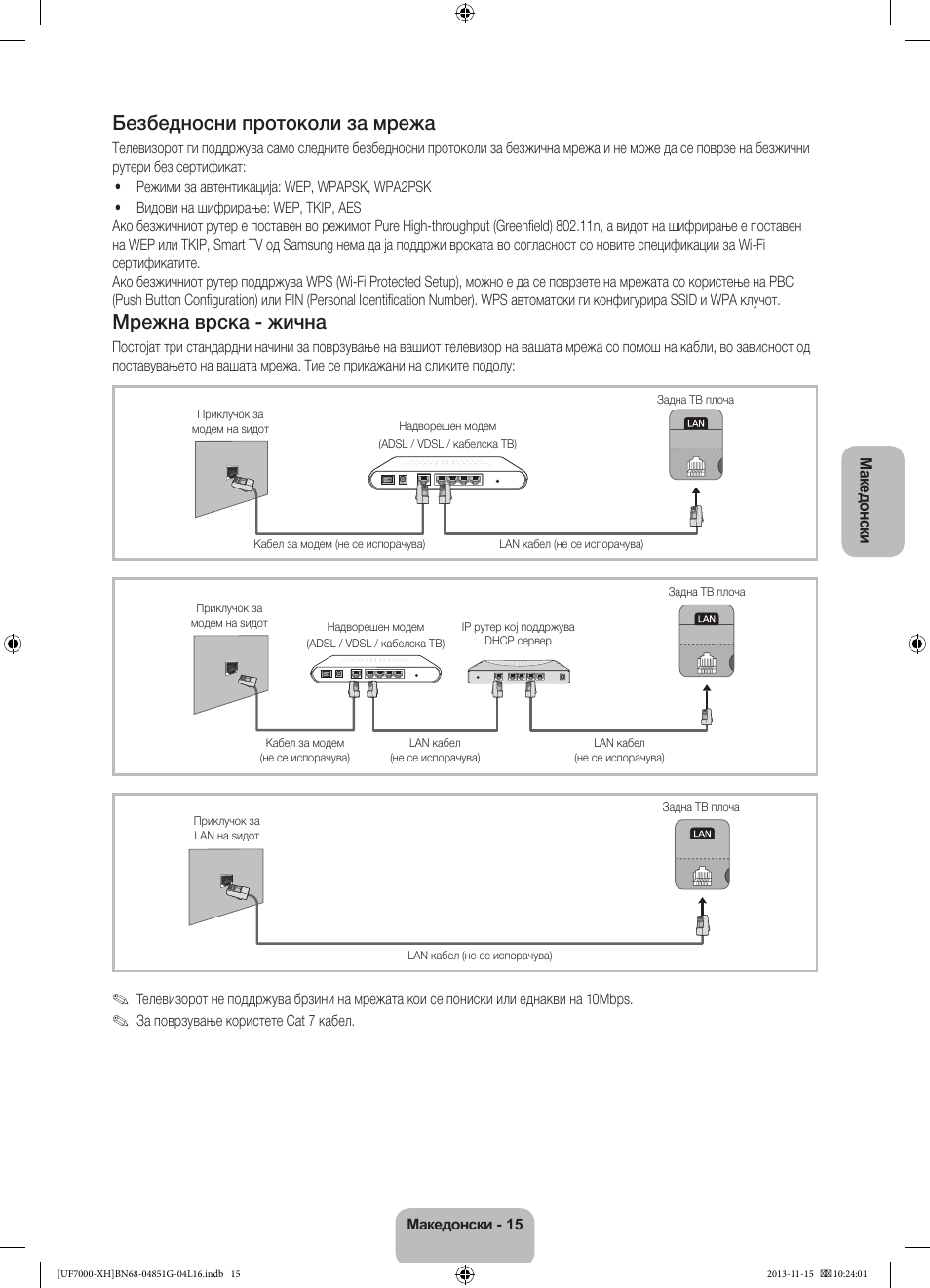 Безбедносни протоколи за мрежа, Мрежна врска - жична | Samsung UE40F7000ST User Manual | Page 279 / 385