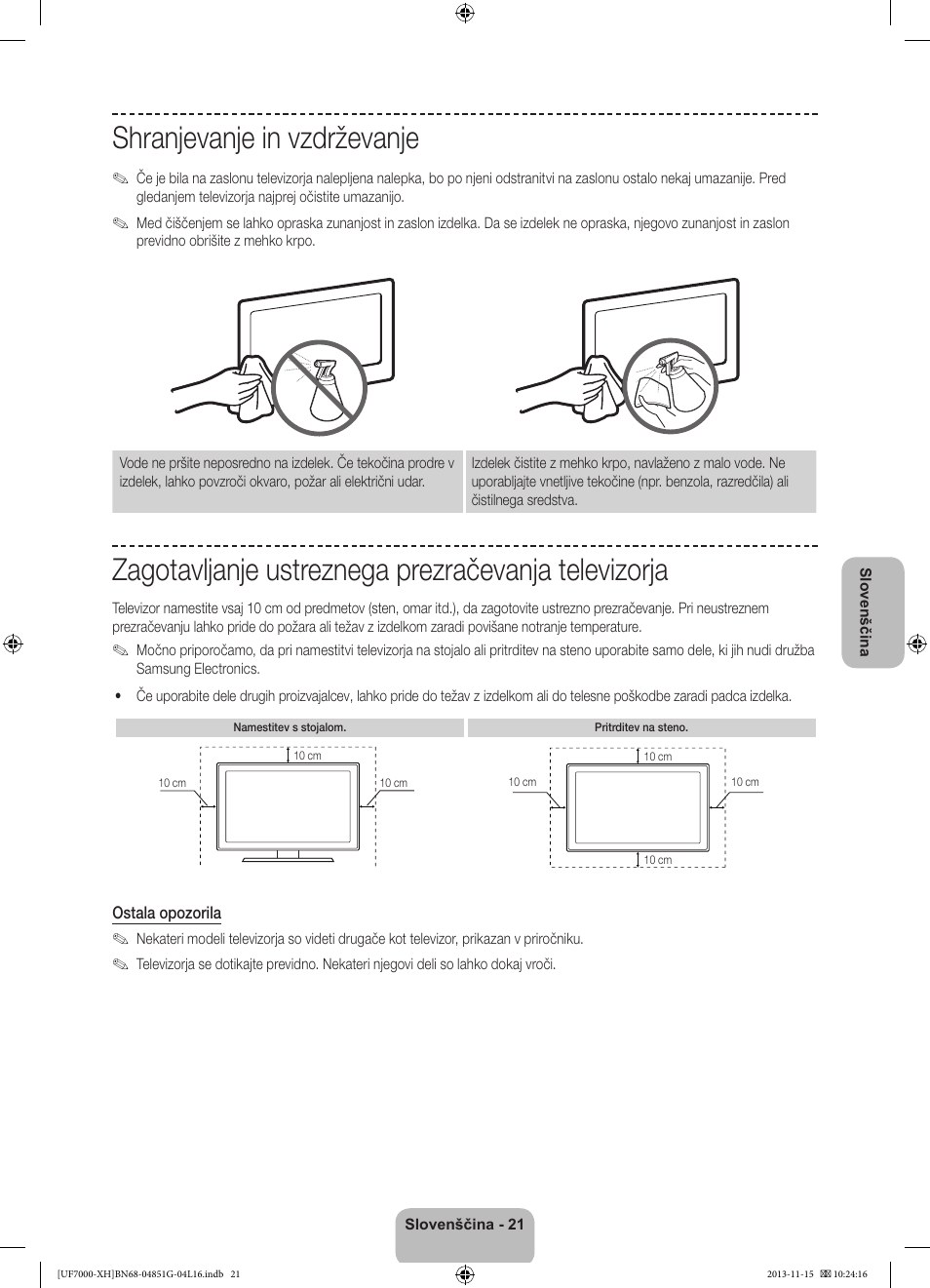 Shranjevanje in vzdrževanje, Zagotavljanje ustreznega prezračevanja televizorja | Samsung UE40F7000ST User Manual | Page 309 / 385