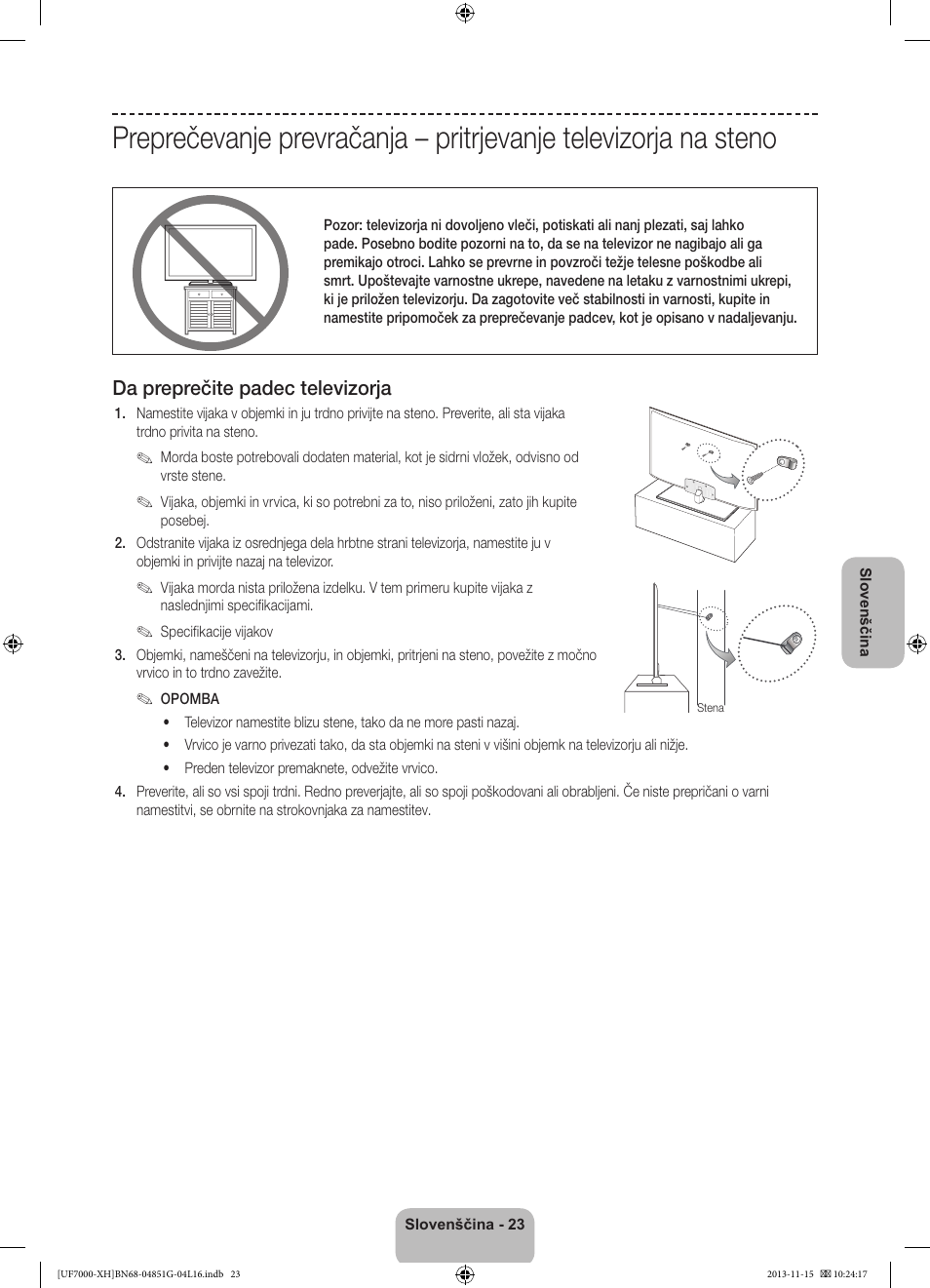 Da preprečite padec televizorja | Samsung UE40F7000ST User Manual | Page 311 / 385