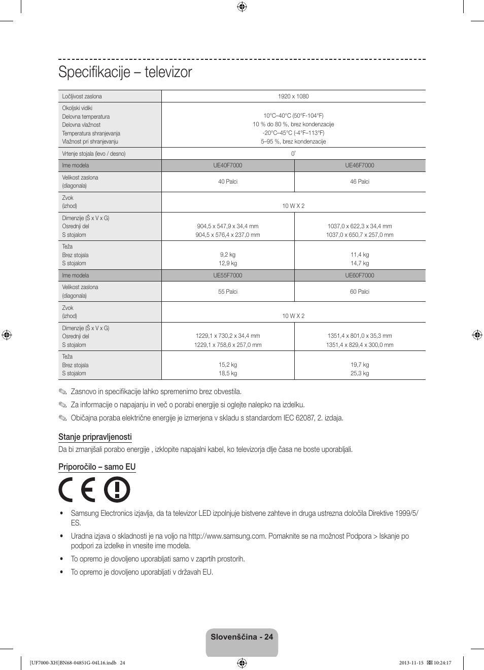 Specifikacije – televizor | Samsung UE40F7000ST User Manual | Page 312 / 385