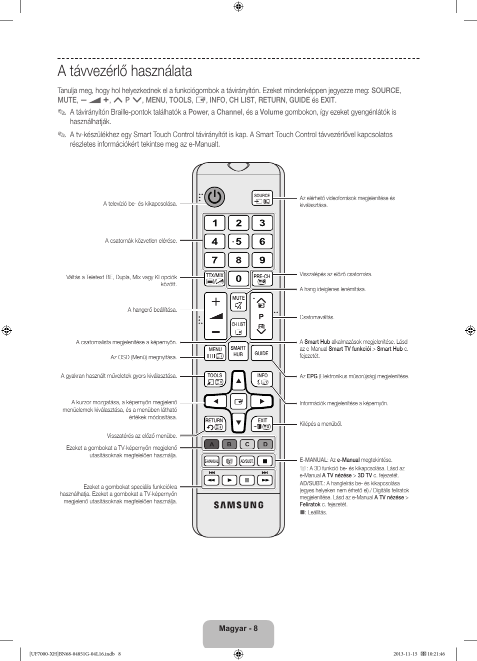 A távvezérlő használata | Samsung UE40F7000ST User Manual | Page 32 / 385