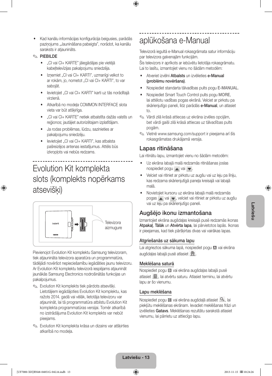 Aplūkošana e-manual, Lapas ritināšana, Augšējo ikonu izmantošana | Samsung UE40F7000ST User Manual | Page 325 / 385