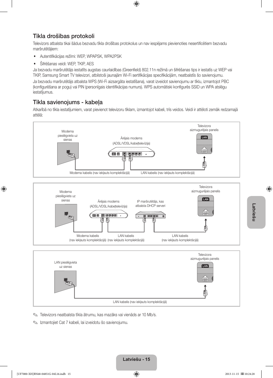 Tīkla drošības protokoli, Tīkla savienojums - kabeļa | Samsung UE40F7000ST User Manual | Page 327 / 385