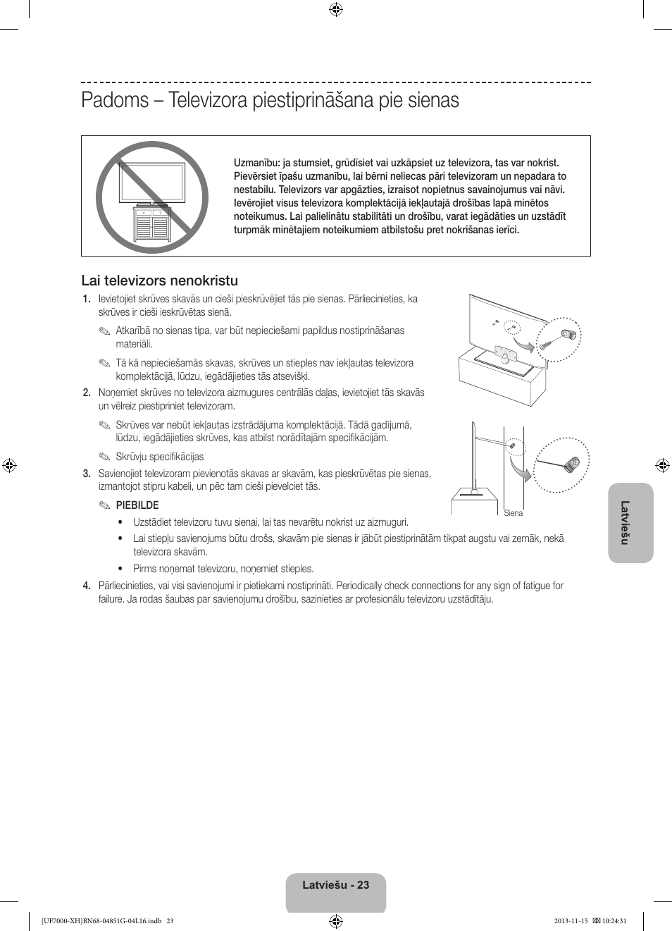 Padoms – televizora piestiprināšana pie sienas, Lai televizors nenokristu | Samsung UE40F7000ST User Manual | Page 335 / 385