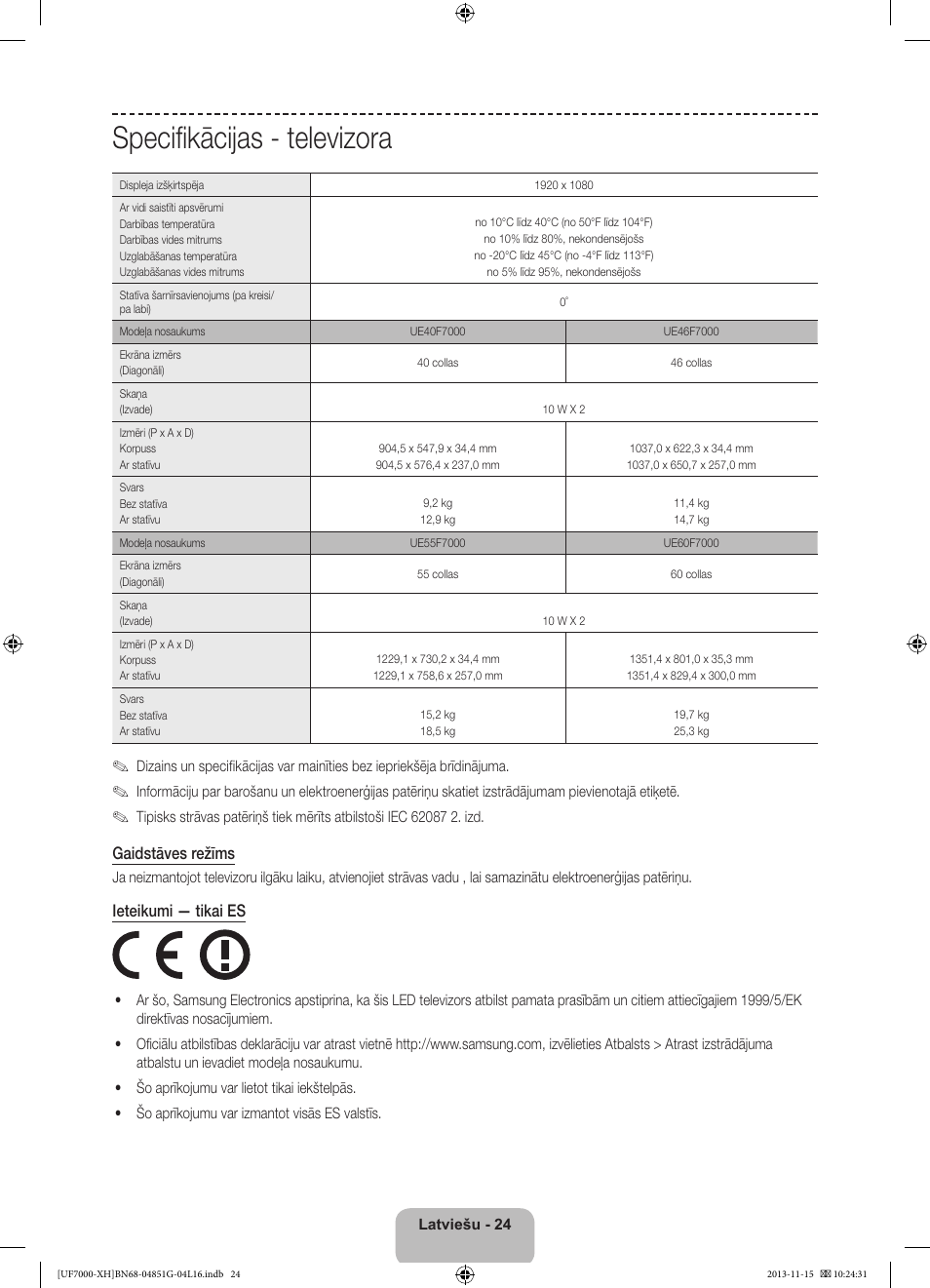 Specifikācijas - televizora, Gaidstāves režīms, Ieteikumi — tikai es | Samsung UE40F7000ST User Manual | Page 336 / 385