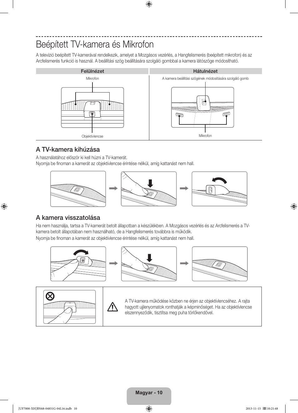 Beépített tv-kamera és mikrofon, 경고 주의 경고 주의 | Samsung UE40F7000ST User Manual | Page 34 / 385