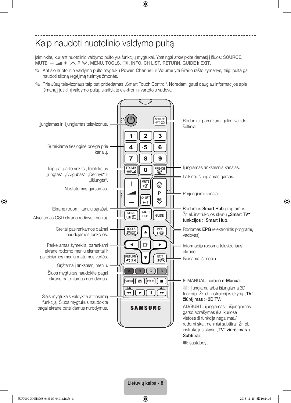 Kaip naudoti nuotolinio valdymo pultą | Samsung UE40F7000ST User Manual | Page 344 / 385