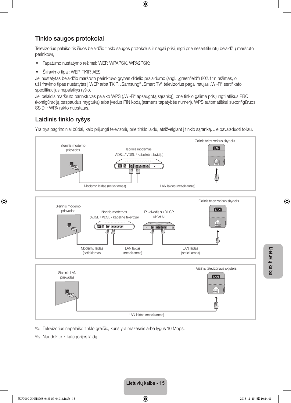 Tinklo saugos protokolai, Laidinis tinklo ryšys | Samsung UE40F7000ST User Manual | Page 351 / 385