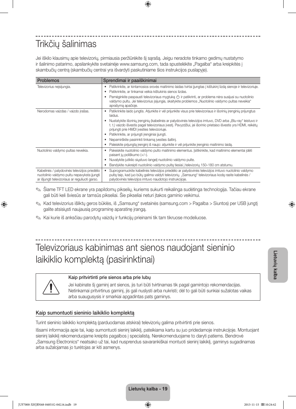 Trikčių šalinimas | Samsung UE40F7000ST User Manual | Page 355 / 385