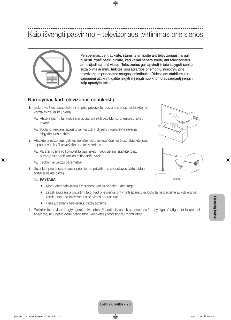 Nurodymai, kad televizorius nenukristų | Samsung UE40F7000ST User Manual | Page 359 / 385