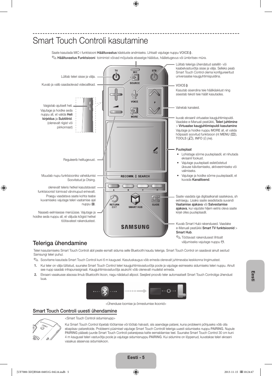 Smart touch controli kasutamine, Teleriga ühendamine, Smart touch controli uuesti ühendamine | Samsung UE40F7000ST User Manual | Page 365 / 385