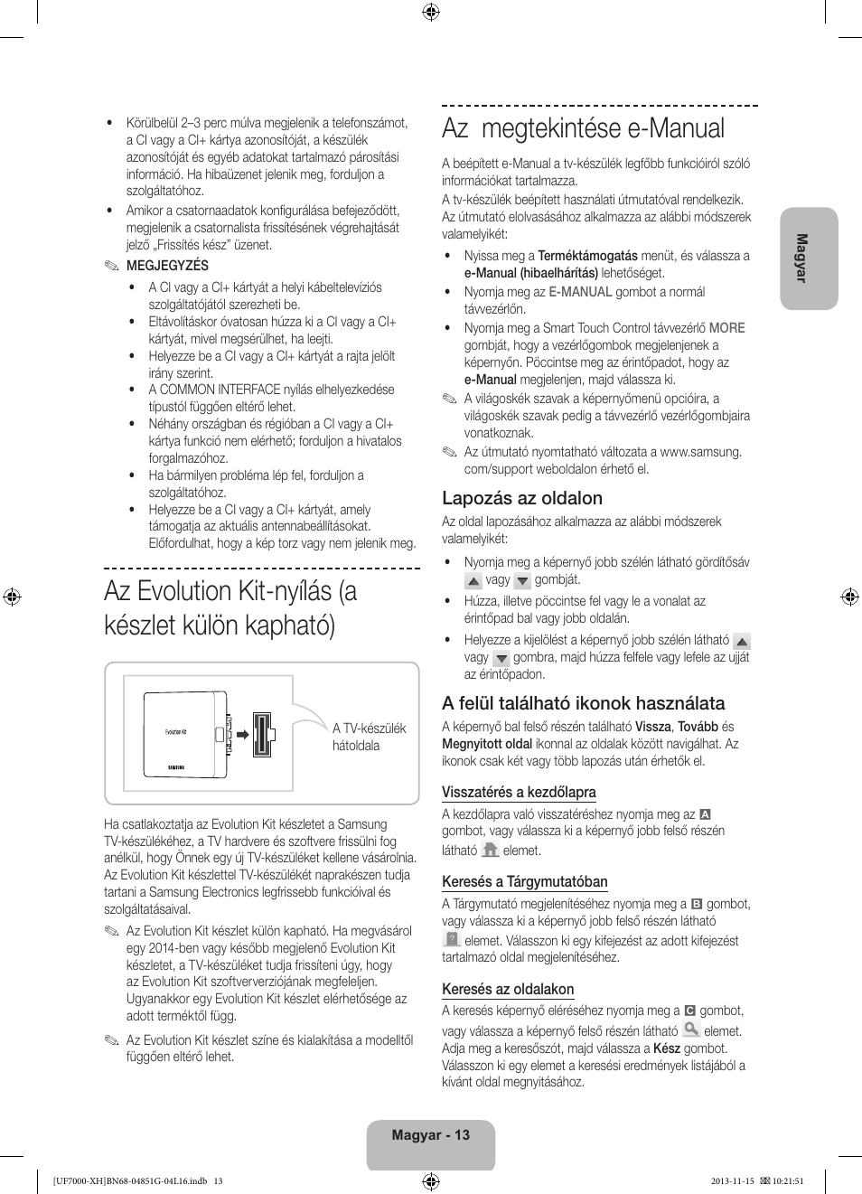 Az evolution kit-nyílás (a készlet külön kapható), Az megtekintése e-manual, Lapozás az oldalon | A felül található ikonok használata | Samsung UE40F7000ST User Manual | Page 37 / 385