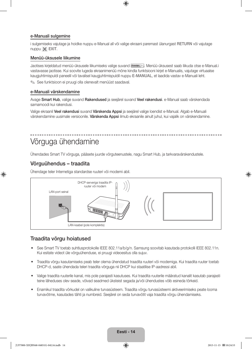 Võrguga ühendamine, Võrguühendus – traadita, Traadita võrgu hoiatused | Samsung UE40F7000ST User Manual | Page 374 / 385