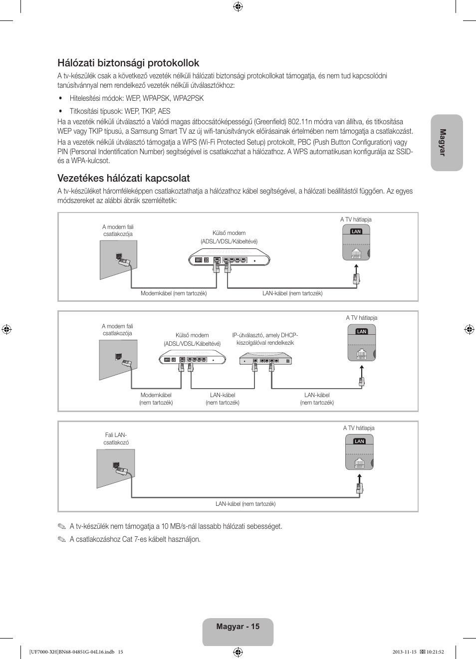 Hálózati biztonsági protokollok, Vezetékes hálózati kapcsolat | Samsung UE40F7000ST User Manual | Page 39 / 385