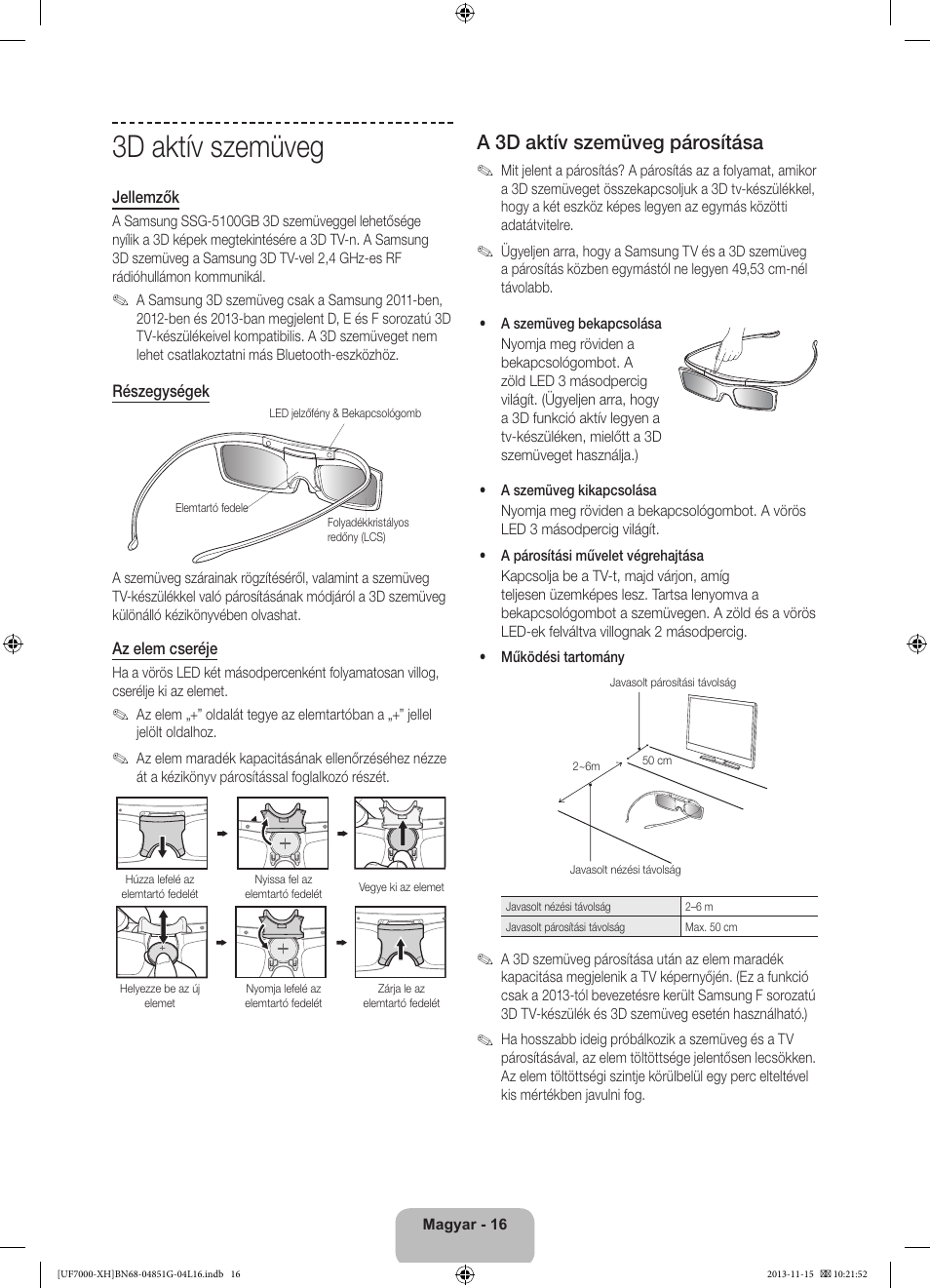 3d aktív szemüveg, A 3d aktív szemüveg párosítása | Samsung UE40F7000ST User Manual | Page 40 / 385