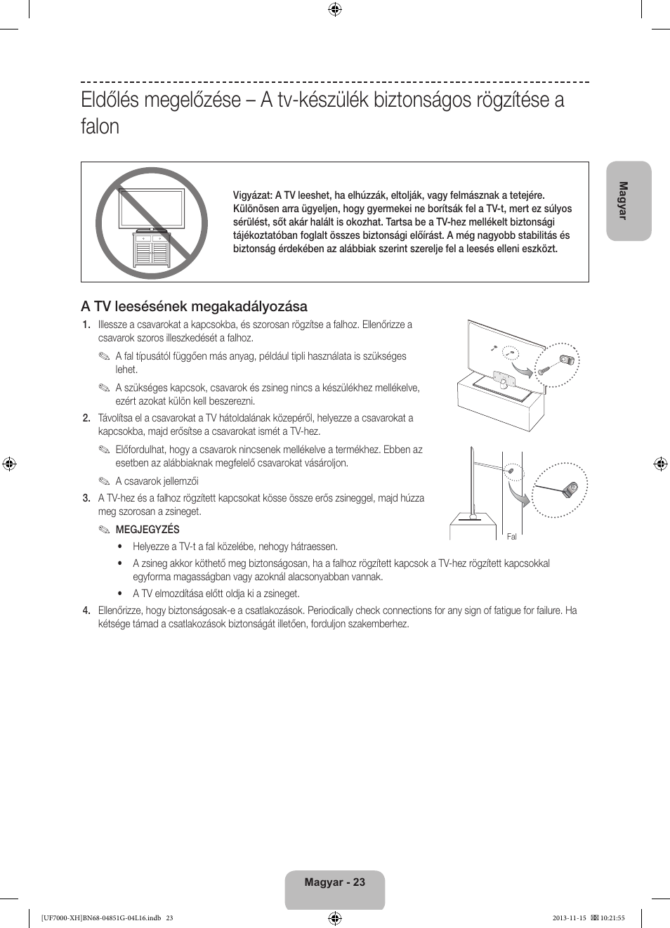 A tv leesésének megakadályozása | Samsung UE40F7000ST User Manual | Page 47 / 385