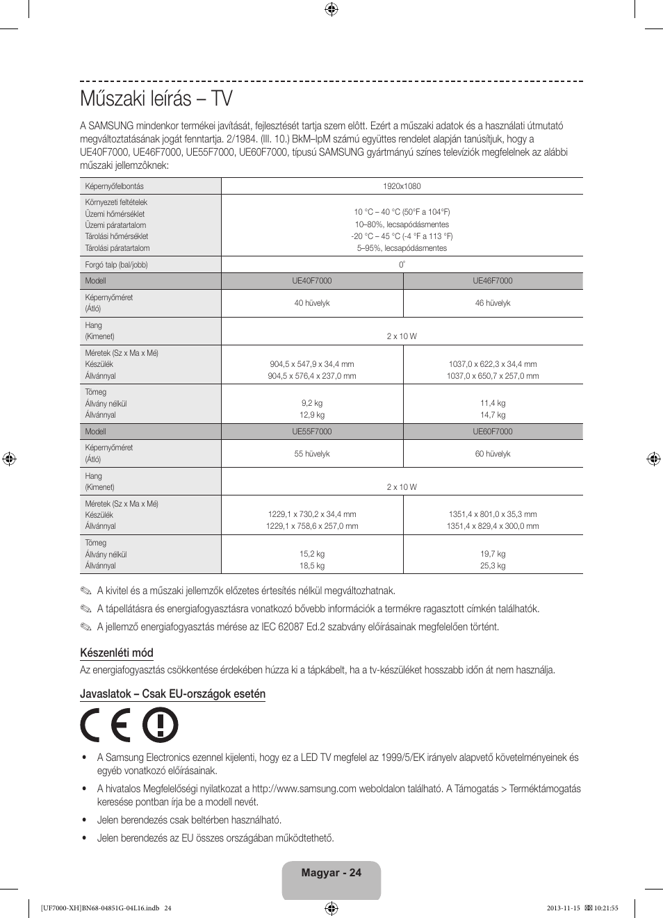 Műszaki leírás – tv | Samsung UE40F7000ST User Manual | Page 48 / 385