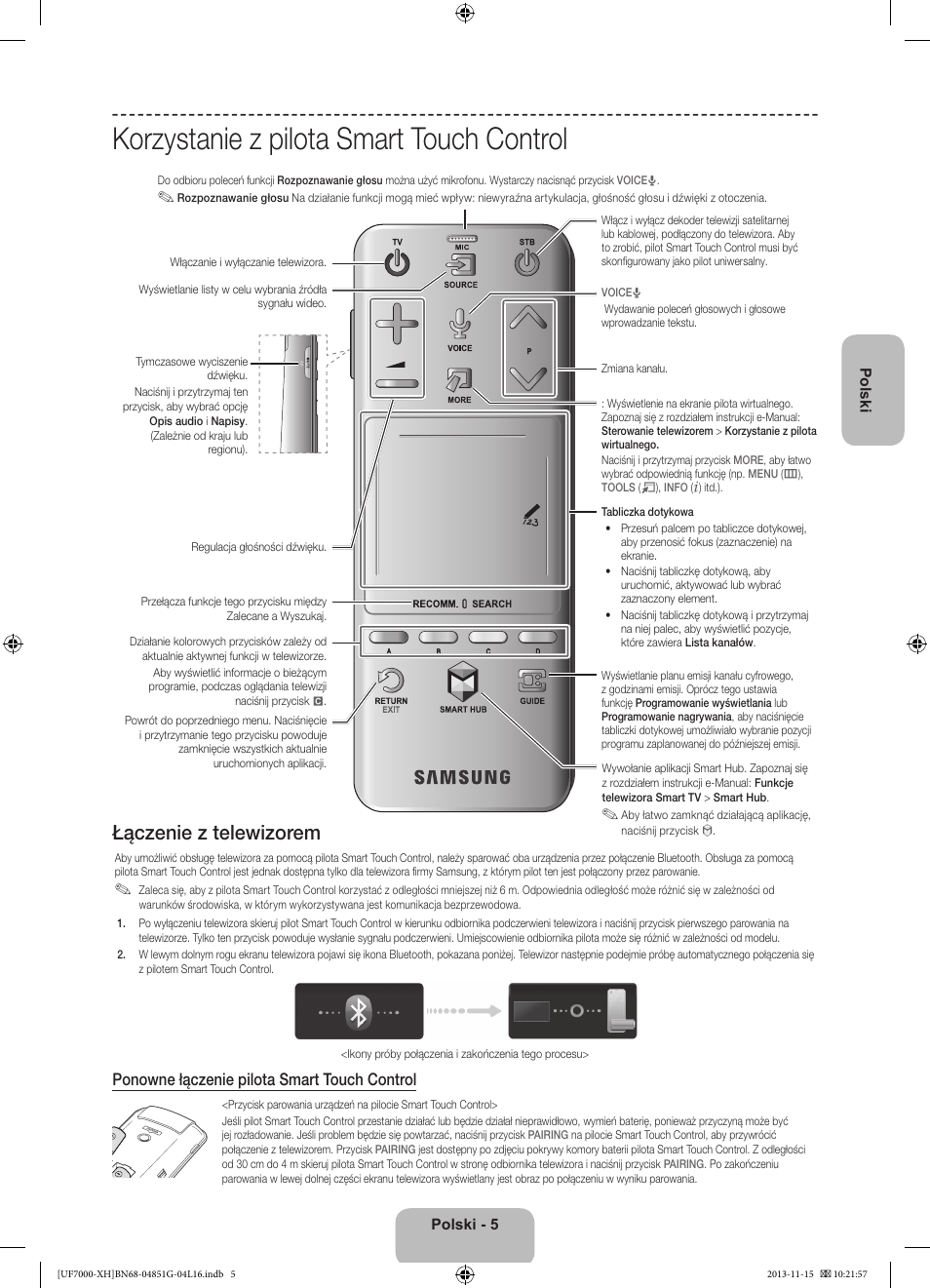 Korzystanie z pilota smart touch control, Łączenie z telewizorem, Ponowne łączenie pilota smart touch control | Samsung UE40F7000ST User Manual | Page 53 / 385