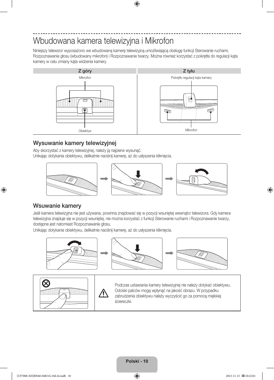 Wbudowana kamera telewizyjna i mikrofon, 경고 주의 경고 주의 | Samsung UE40F7000ST User Manual | Page 58 / 385