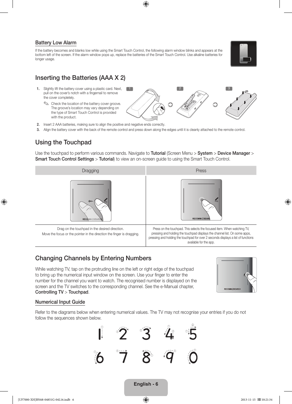 Inserting the batteries (aaa x 2), Using the touchpad, Changing channels by entering numbers | Samsung UE40F7000ST User Manual | Page 6 / 385