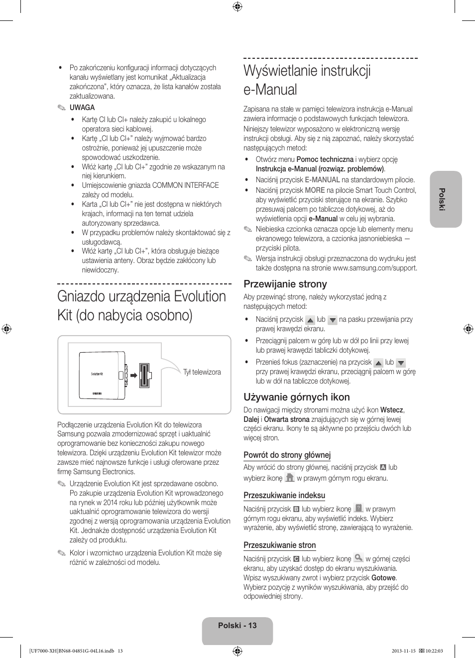 Wyświetlanie instrukcji e-manual, Przewijanie strony, Używanie górnych ikon | Samsung UE40F7000ST User Manual | Page 61 / 385