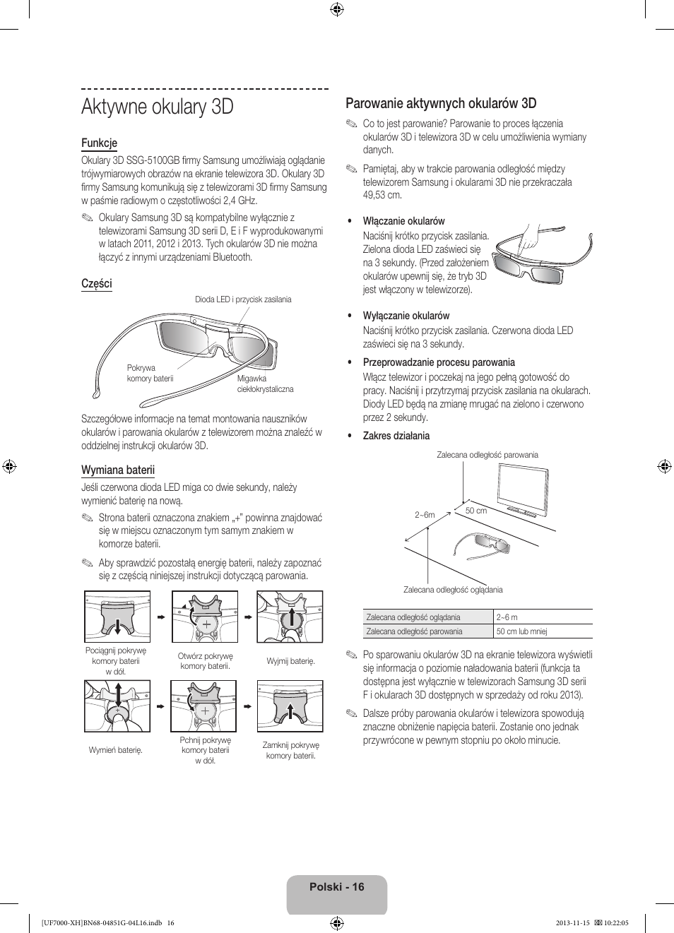 Aktywne okulary 3d, Parowanie aktywnych okularów 3d | Samsung UE40F7000ST User Manual | Page 64 / 385