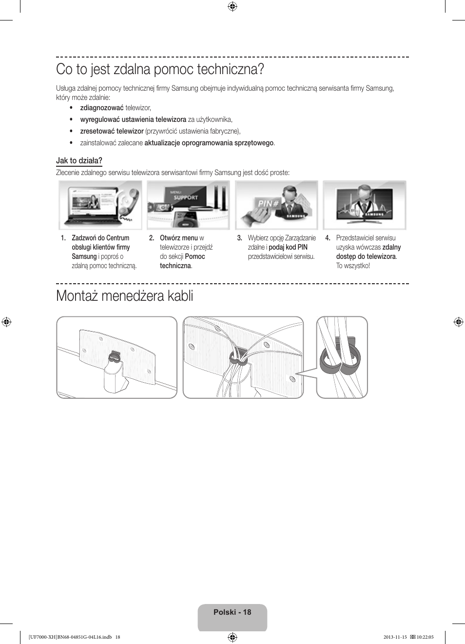 Co to jest zdalna pomoc techniczna, Montaż menedżera kabli | Samsung UE40F7000ST User Manual | Page 66 / 385