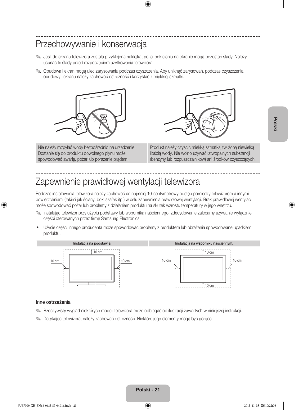 Przechowywanie i konserwacja, Zapewnienie prawidłowej wentylacji telewizora | Samsung UE40F7000ST User Manual | Page 69 / 385