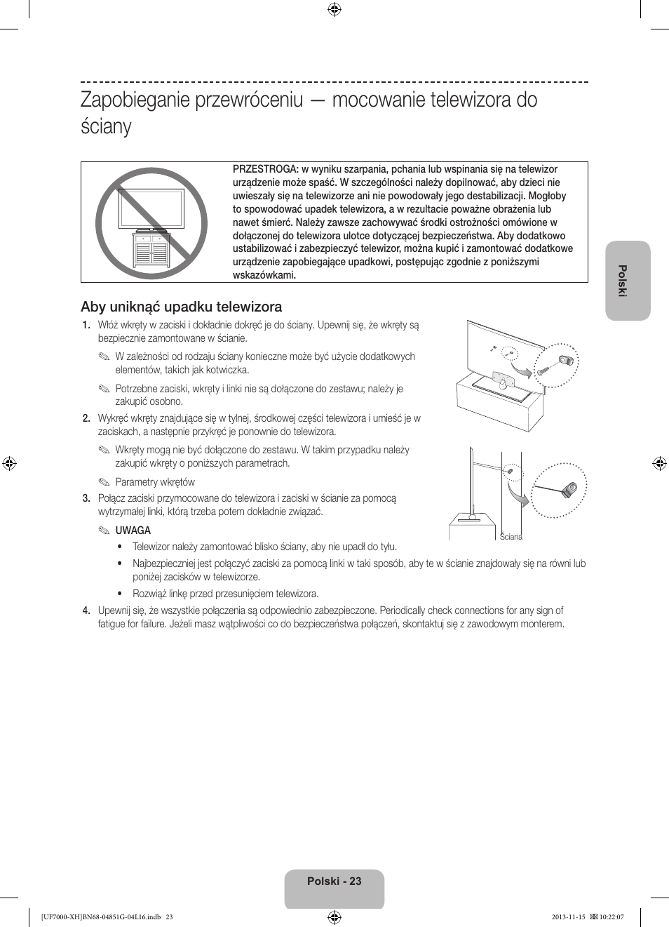 Aby uniknąć upadku telewizora | Samsung UE40F7000ST User Manual | Page 71 / 385