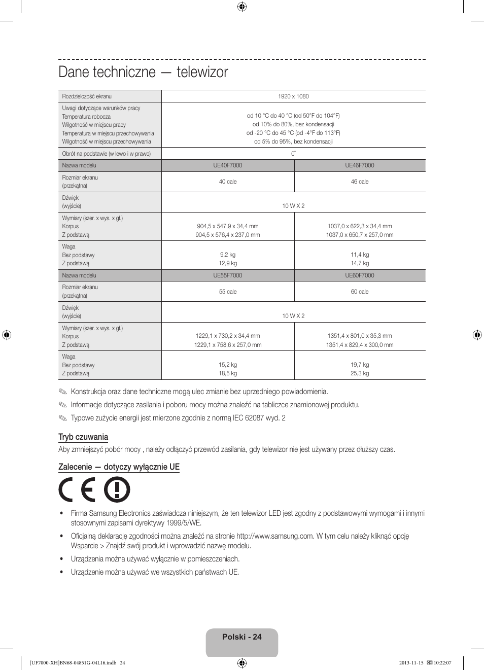 Dane techniczne — telewizor | Samsung UE40F7000ST User Manual | Page 72 / 385