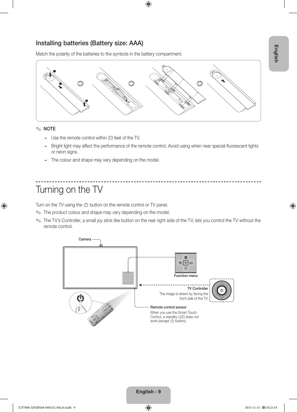 Turning on the tv, Installing batteries (battery size: aaa) | Samsung UE40F7000ST User Manual | Page 9 / 385