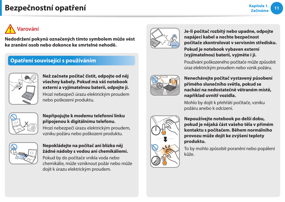 Bezpečnostní opatření, Varování, Opatření související s používáním | Samsung NP270E5GI User Manual | Page 12 / 135