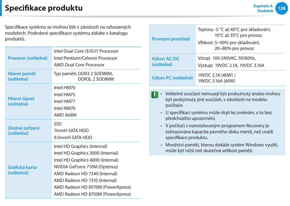 Specifikace produktu | Samsung NP270E5GI User Manual | Page 129 / 135