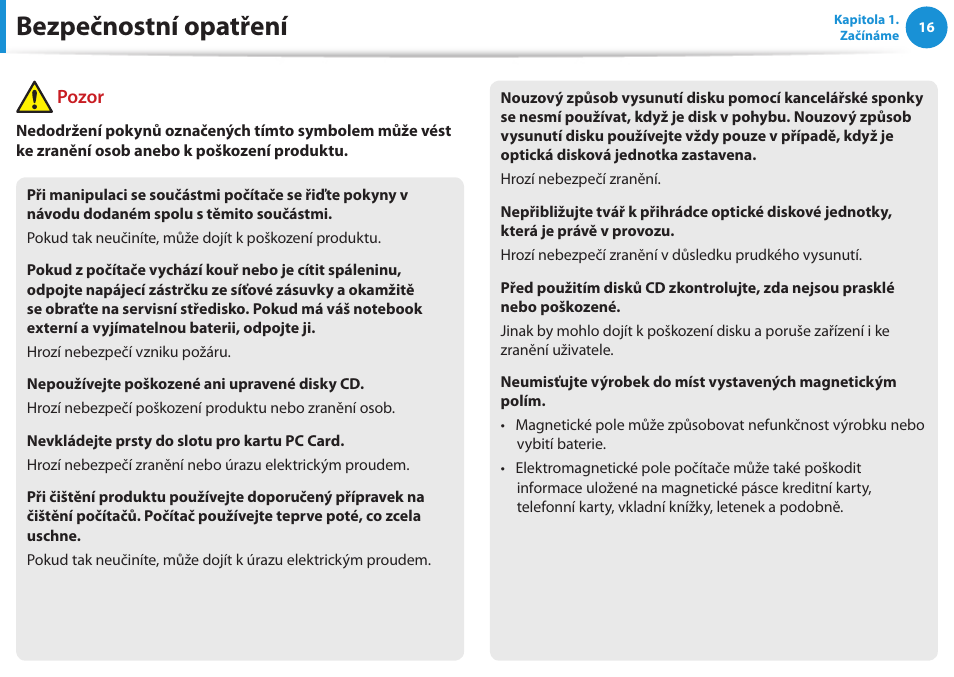Bezpečnostní opatření, Pozor | Samsung NP270E5GI User Manual | Page 17 / 135