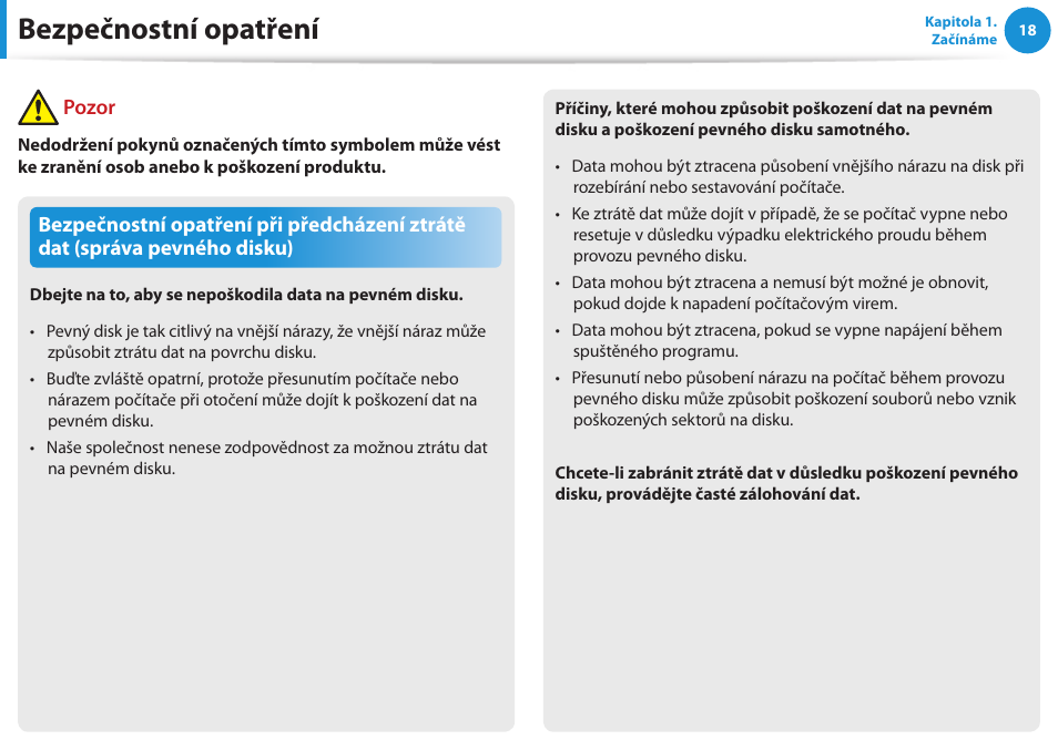 Bezpečnostní opatření, Pozor | Samsung NP270E5GI User Manual | Page 19 / 135
