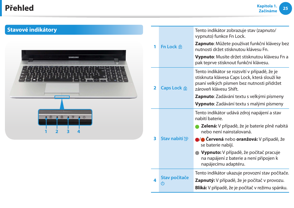 Přehled, Stavové indikátory | Samsung NP270E5GI User Manual | Page 26 / 135