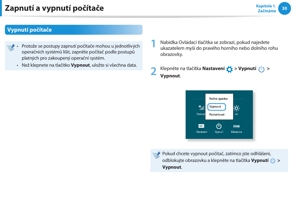 Zapnutí a vypnutí počítače | Samsung NP270E5GI User Manual | Page 31 / 135