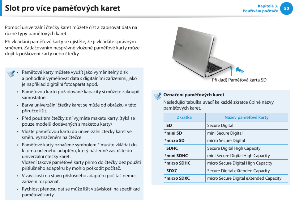 Slot pro více paměťových karet | Samsung NP270E5GI User Manual | Page 51 / 135
