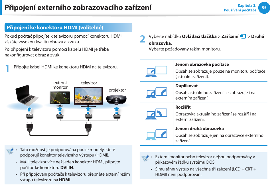 Připojení externího zobrazovacího zařízení, Připojení ke konektoru hdmi (volitelné) | Samsung NP270E5GI User Manual | Page 56 / 135