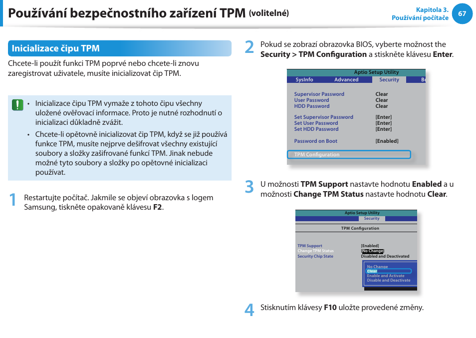 Používání bezpečnostního zařízení tpm, Inicializace čipu tpm, Volitelné) | Samsung NP270E5GI User Manual | Page 68 / 135