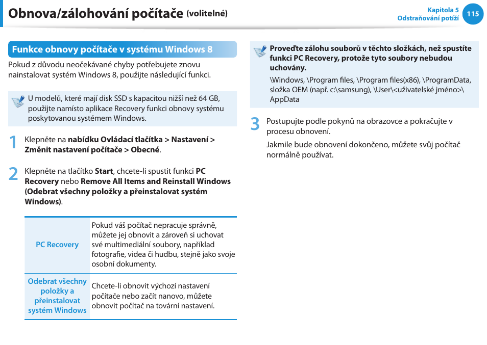 Obnova/zálohování počítače | Samsung NP530U4BH User Manual | Page 116 / 154