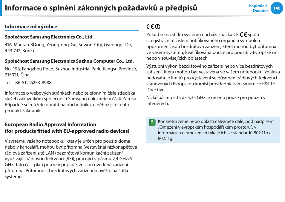 Informace o splnění zákonných požadavků a předpisů | Samsung NP530U4BH User Manual | Page 141 / 154