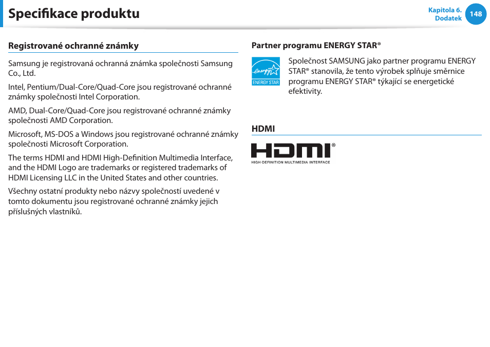 Specifikace produktu | Samsung NP530U4BH User Manual | Page 149 / 154